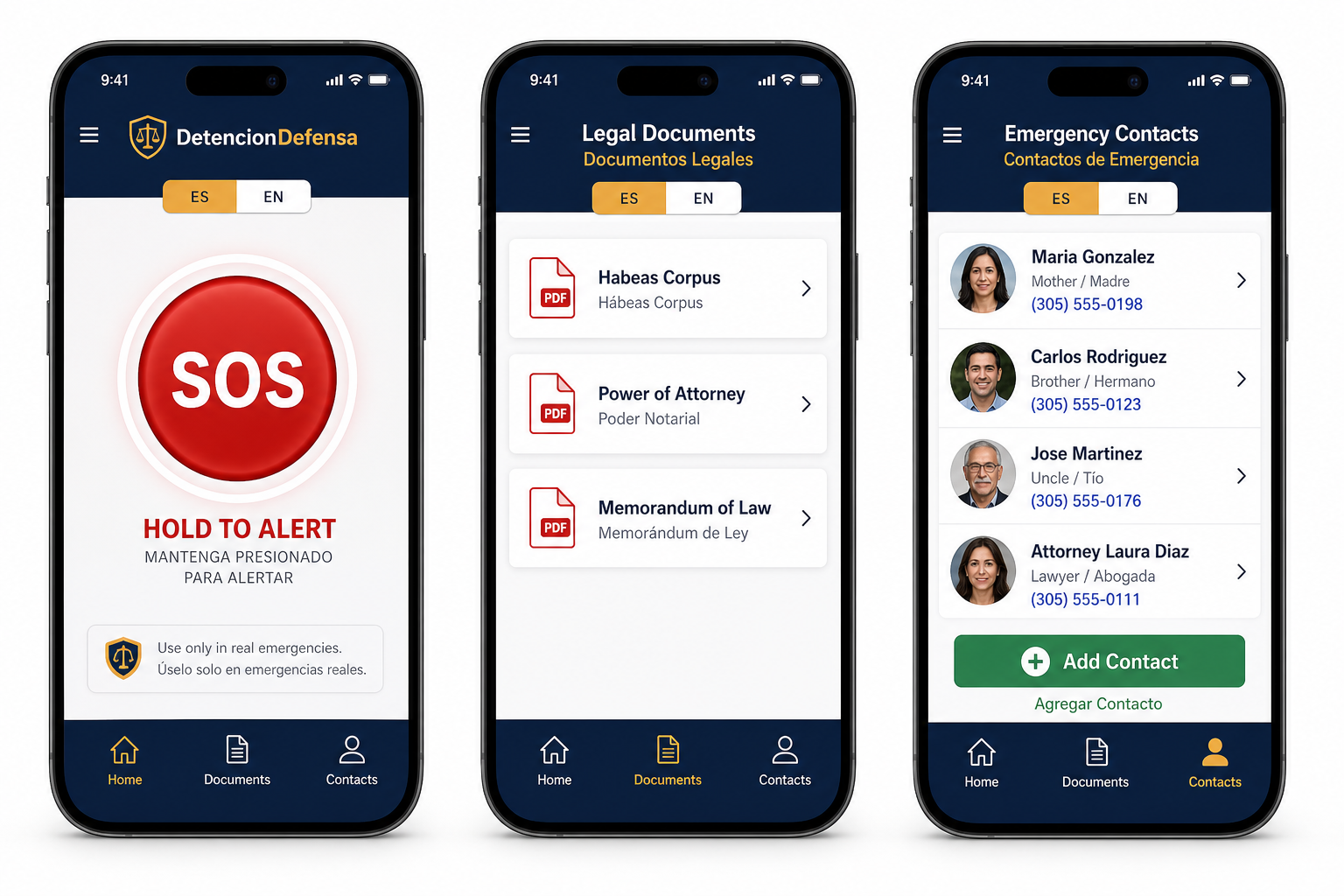 DetencionDefensa app screens: SOS emergency button, legal documents list, and emergency contacts